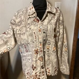 Women’s Chico’s Tribal Print Embroidered Cotton Button Down Jacket Cream Size 2